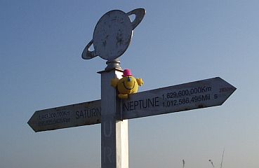 Mr M atop a Millenium Signpost